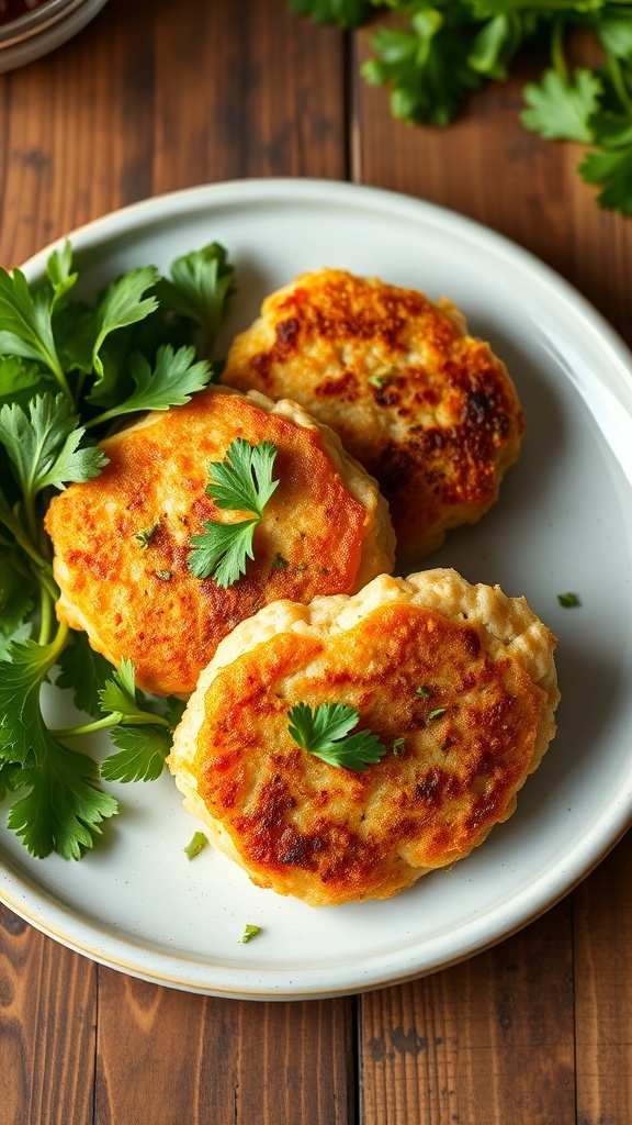 21 Day Fix Salmon Patties Recipe Golden salmon patties garnished with parsley on a plate with mixed greens.
